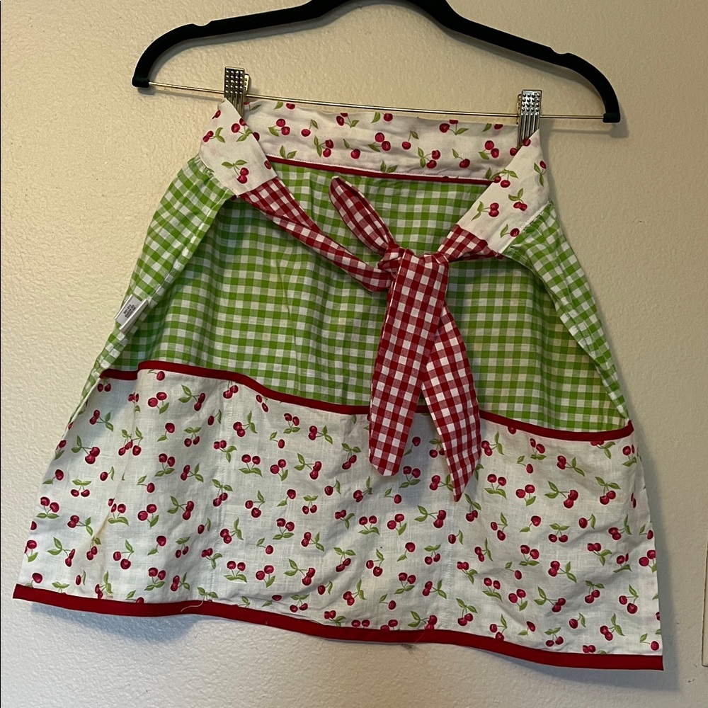 Cherry Print Green Gingham apron with three pockets